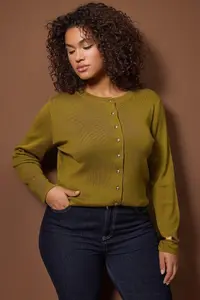 Trendyol Curve Wardrobe Essentials Oil Green Button Detailed Cotton Basic Knitwear Cardigan