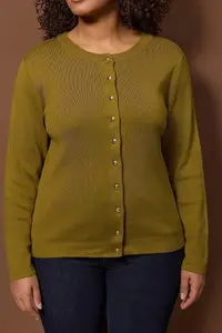 Trendyol Curve Wardrobe Essentials Oil Green Button Detailed Cotton Basic Knitwear Cardigan - Image 3