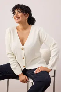 Trendyol Curve Ecru Trend Button Detailed Jacket Look Knitwear Cardigan - Image 2