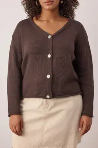 Trendyol Curve Brown Cotton V-neck Relax Fit Knitwear Cardigan - Image 3