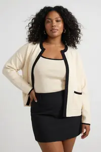 Trendyol Curve Ecru Stripe Detailed Knitwear 2 Sets Blouse-Cardigan Set - Image 2