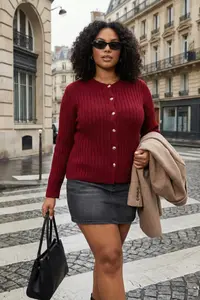 Trendyol Curve Burgundy Button Detailed Soft textured Slit Detailed Knitwear Cardigan