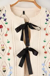 Trendyol Curve Ecru Ribbon Detailed Flower Embroidered Hair Knitting Knitwear Cardigan - Image 6