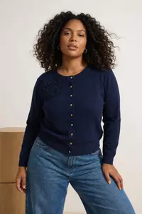 Trendyol Curve Navy Blue Floral Cotton Basic Knitwear Cardigan