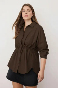 Trendyol Curve Brown Shirred Long Sleeve Weaving Plus Size Shirt