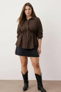 Trendyol Curve Brown Shirred Long Sleeve Weaving Plus Size Shirt - Image 2