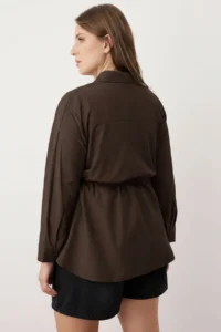 Trendyol Curve Brown Shirred Long Sleeve Weaving Plus Size Shirt - Image 3