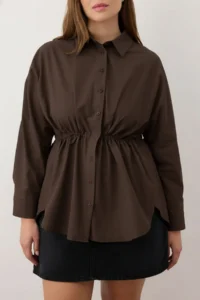 Trendyol Curve Brown Shirred Long Sleeve Weaving Plus Size Shirt - Image 4
