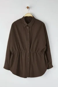 Trendyol Curve Brown Shirred Long Sleeve Weaving Plus Size Shirt - Image 5