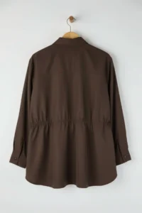 Trendyol Curve Brown Shirred Long Sleeve Weaving Plus Size Shirt - Image 8