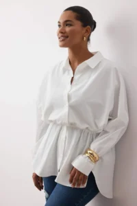 Trendyol Curve Ecru Shirred Long Sleeve Weaving Plus Size Shirt - Image 2