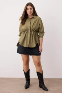 Trendyol Curve Khaki Shirred Long Sleeve Weaving Plus Size Shirt