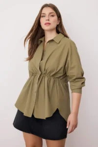Trendyol Curve Khaki Shirred Long Sleeve Weaving Plus Size Shirt - Image 2