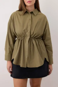 Trendyol Curve Khaki Shirred Long Sleeve Weaving Plus Size Shirt - Image 3