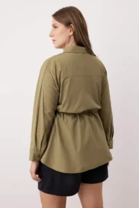 Trendyol Curve Khaki Shirred Long Sleeve Weaving Plus Size Shirt - Image 4