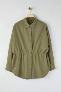 Trendyol Curve Khaki Shirred Long Sleeve Weaving Plus Size Shirt - Image 5