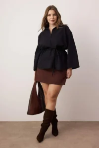 Trendyol Curve Anthracite Oversized/Bol Kesim tied up Plus Size denim Shirt