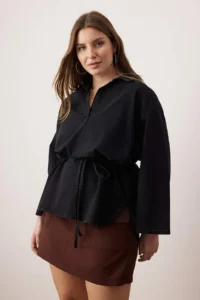 Trendyol Curve Anthracite Oversized/Bol Kesim tied up Plus Size denim Shirt - Image 2