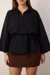 Trendyol Curve Anthracite Oversized/Bol Kesim tied up Plus Size denim Shirt - Image 3