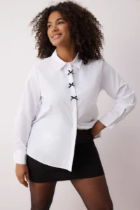 Trendyol Curve Ecru Bow Detailed Long Sleeve Weaving Plus Size Shirt
