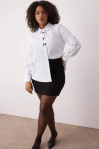 Trendyol Curve Ecru Bow Detailed Long Sleeve Weaving Plus Size Shirt - Image 2