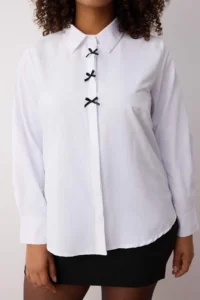 Trendyol Curve Ecru Bow Detailed Long Sleeve Weaving Plus Size Shirt - Image 3