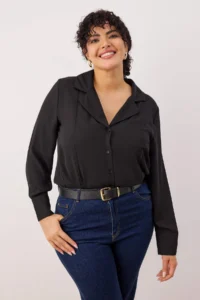 Trendyol Curve Black  Shirt Collar Pocket Detail Weaving Plus Size Shirt - Image 2