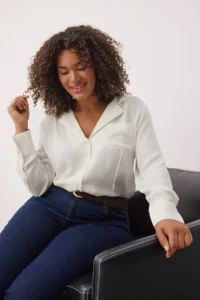 Trendyol Curve Ecru Shirt Collar Pocket Detail Weaving Plus Size Shirt - Image 2