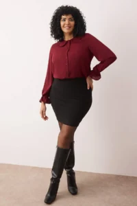 Trendyol Curve Burgundy Baby Collar Pompom Detailed Regular Normal Pattern Weaving Plus Size Shirt