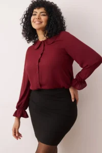 Trendyol Curve Burgundy Baby Collar Pompom Detailed Regular Normal Pattern Weaving Plus Size Shirt - Image 2