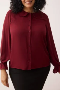 Trendyol Curve Burgundy Baby Collar Pompom Detailed Regular Normal Pattern Weaving Plus Size Shirt - Image 3