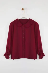 Trendyol Curve Burgundy Baby Collar Pompom Detailed Regular Normal Pattern Weaving Plus Size Shirt - Image 5
