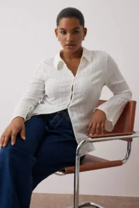 Trendyol Curve Ecru textured Fitted Bele Oturan Weaving Plus Size Shirt