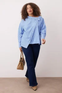 Trendyol Curve Mavi Striped Asymmetric Yaka Drop Sleeve Weaving Plus Size Shirt