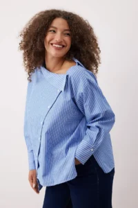 Trendyol Curve Mavi Striped Asymmetric Yaka Drop Sleeve Weaving Plus Size Shirt - Image 2
