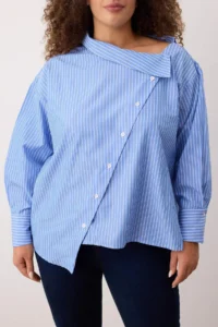 Trendyol Curve Mavi Striped Asymmetric Yaka Drop Sleeve Weaving Plus Size Shirt - Image 3