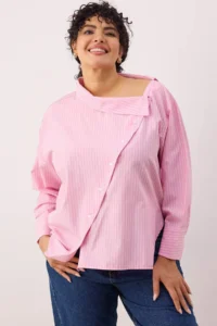 Trendyol Curve Pink Striped Asymmetric Yaka Drop Sleeve Weaving Plus Size Shirt