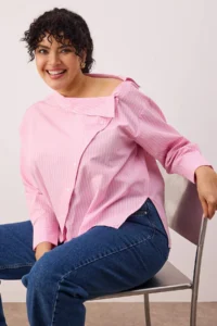 Trendyol Curve Pink Striped Asymmetric Yaka Drop Sleeve Weaving Plus Size Shirt - Image 2