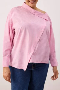 Trendyol Curve Pink Striped Asymmetric Yaka Drop Sleeve Weaving Plus Size Shirt - Image 3