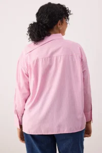 Trendyol Curve Pink Striped Asymmetric Yaka Drop Sleeve Weaving Plus Size Shirt - Image 4