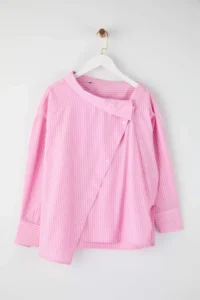 Trendyol Curve Pink Striped Asymmetric Yaka Drop Sleeve Weaving Plus Size Shirt - Image 5