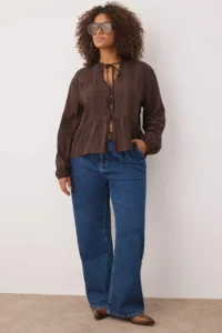 Trendyol Curve Brown Cotton textured Material Kolda Lace Regular Normal Pattern Weaving Shirt - Image 2