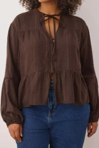 Trendyol Curve Brown Cotton textured Material Kolda Lace Regular Normal Pattern Weaving Shirt - Image 3