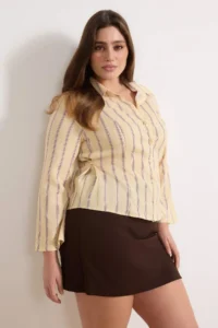 Trendyol Curve Yellow-Multicolored Waist Shirred Fitted Shirt with Wide Sleeves