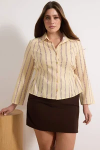 Trendyol Curve Yellow-Multicolored Waist Shirred Fitted Shirt with Wide Sleeves - Image 2