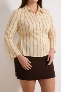 Trendyol Curve Yellow-Multicolored Waist Shirred Fitted Shirt with Wide Sleeves - Image 3