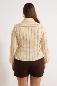 Trendyol Curve Yellow-Multicolored Waist Shirred Fitted Shirt with Wide Sleeves - Image 4