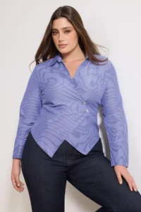Trendyol Curve Navy Blue Striped Silver Button Detailed Plus Size Weaving Shirt