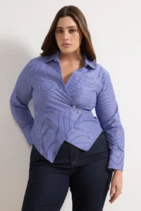 Trendyol Curve Navy Blue Striped Silver Button Detailed Plus Size Weaving Shirt - Image 2