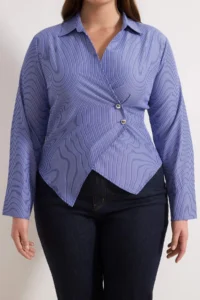 Trendyol Curve Navy Blue Striped Silver Button Detailed Plus Size Weaving Shirt - Image 3